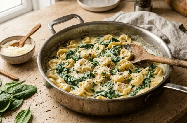 Tortellini à la crème et aux épinards maison servis dans la sauteuse, parmesan râpé et poivre