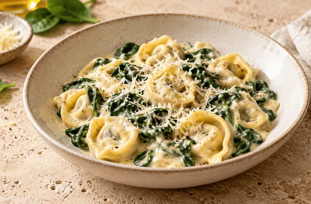 Tortellini au fromage, sauce crémeuse, épinards et parmesan