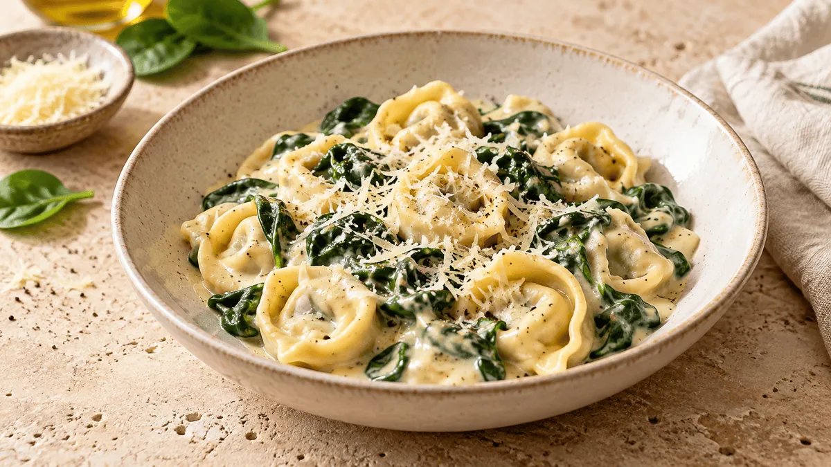 Tortellini au fromage, sauce crémeuse, épinards et parmesan