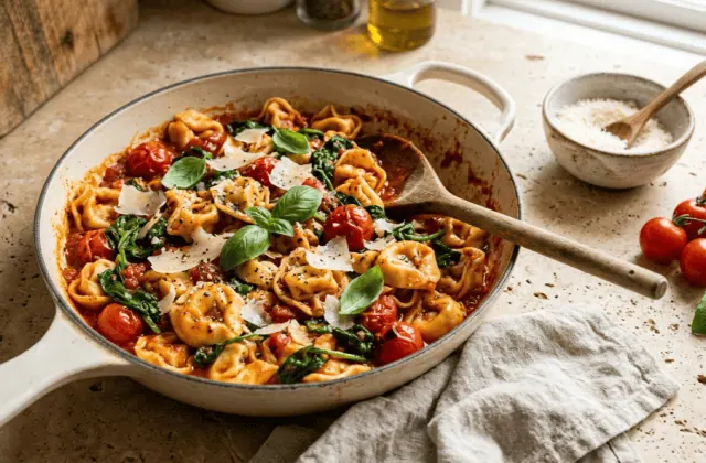 Tortellini tomate-épinards maison dans une poêle en fonte émaillée crème, tomates cerises, parmesan et basilic