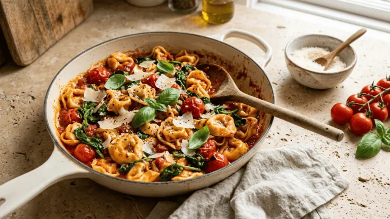 Tortellini tomate-épinards maison dans une poêle en fonte émaillée crème, tomates cerises, parmesan et basilic