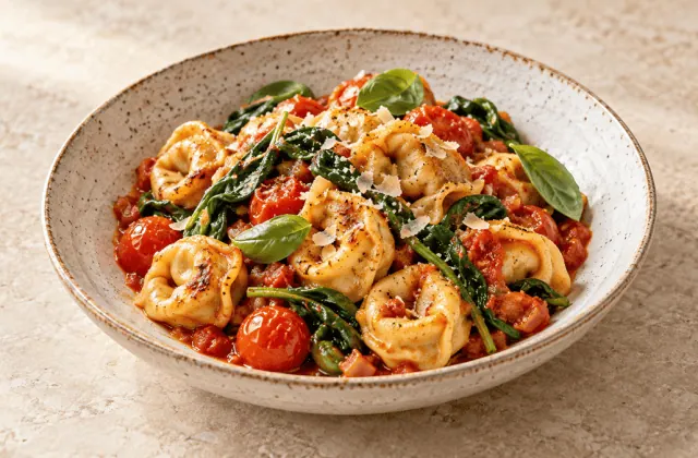 Tortellini poêlés à la tomate, aux épinards et au basilic
