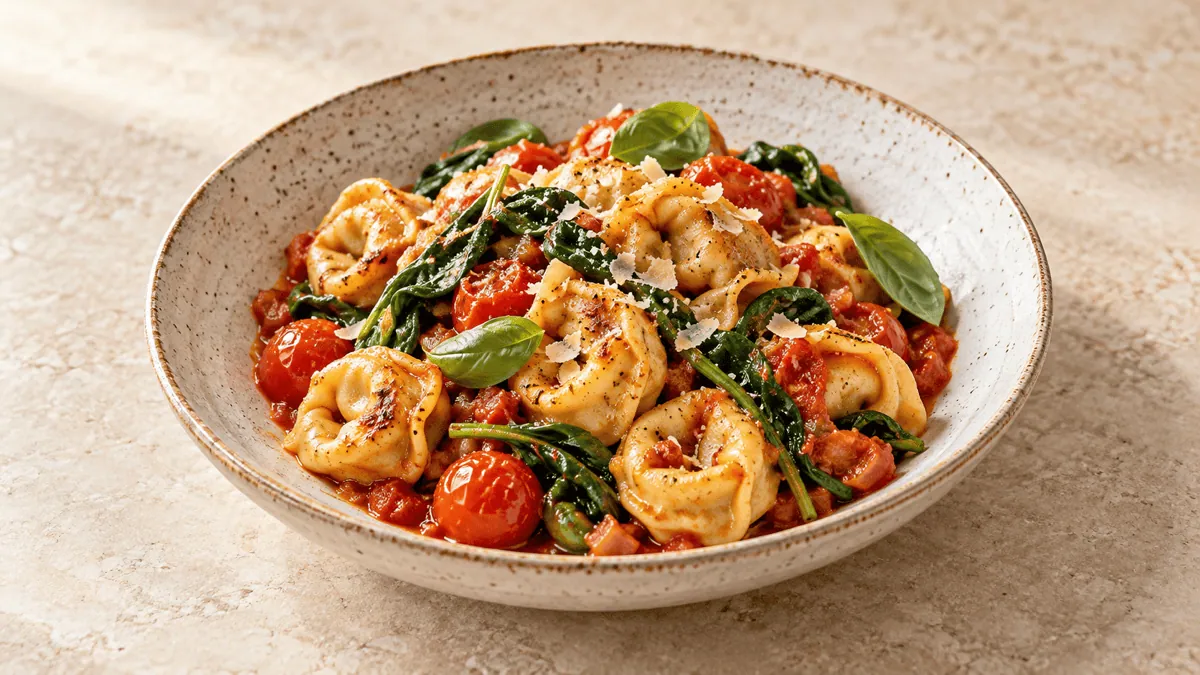 Tortellini poêlés à la tomate, aux épinards et au basilic