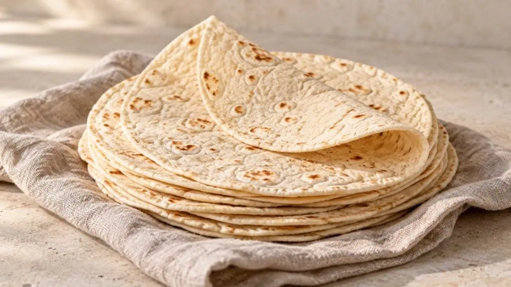 Pile de tortillas de blé souples sur un linge en lin