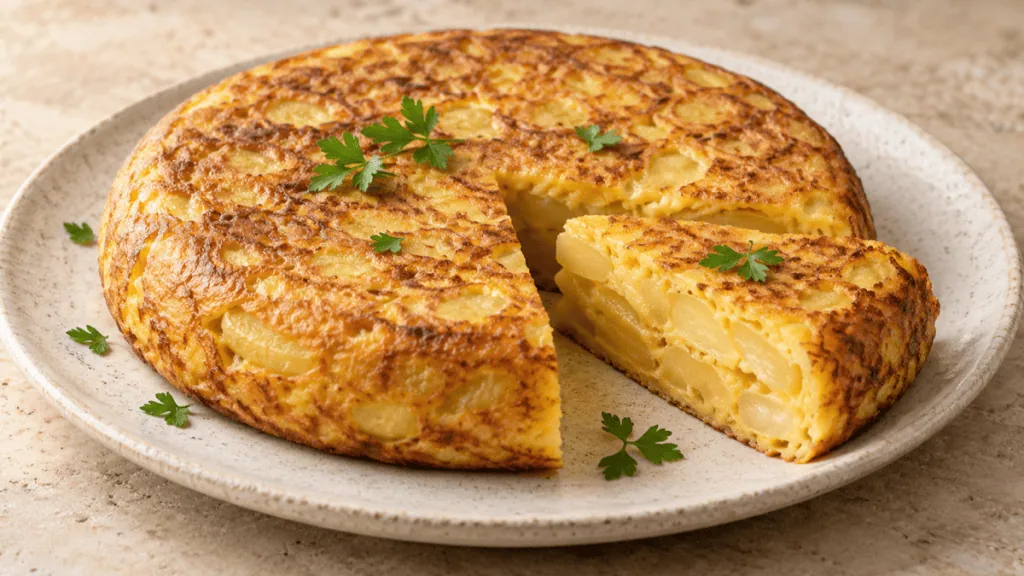 Tortilla espagnole dorée aux pommes de terre, servie entière avec une part découpée