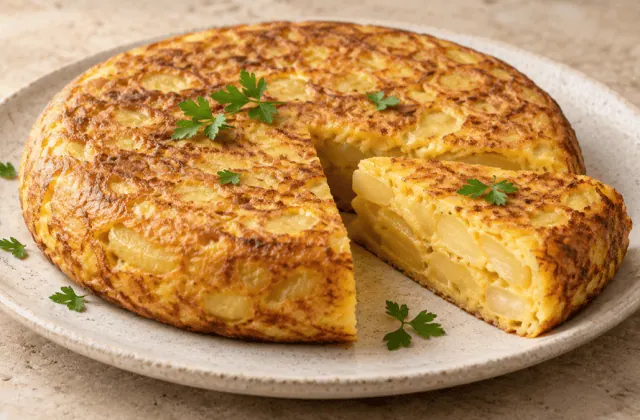Tortilla espagnole dorée aux pommes de terre, servie entière avec une part découpée
