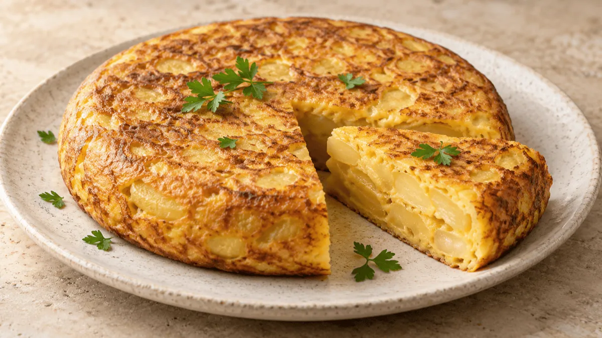 Tortilla espagnole dorée aux pommes de terre, servie entière avec une part découpée