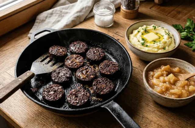 Träipen poêlés croustillants dans une poêle en fonte, purée au beurre et compote de pommes maison