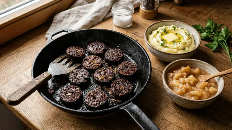 Träipen poêlés croustillants dans une poêle en fonte, purée au beurre et compote de pommes maison