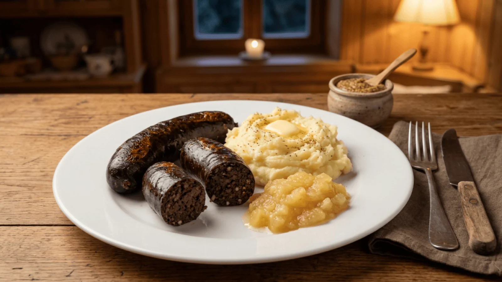 Träipen poêlés, boudin noir luxembourgeois servi avec purée de pommes de terre et compote de pommes
