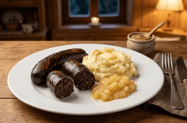 Träipen poêlés, boudin noir luxembourgeois servi avec purée de pommes de terre et compote de pommes