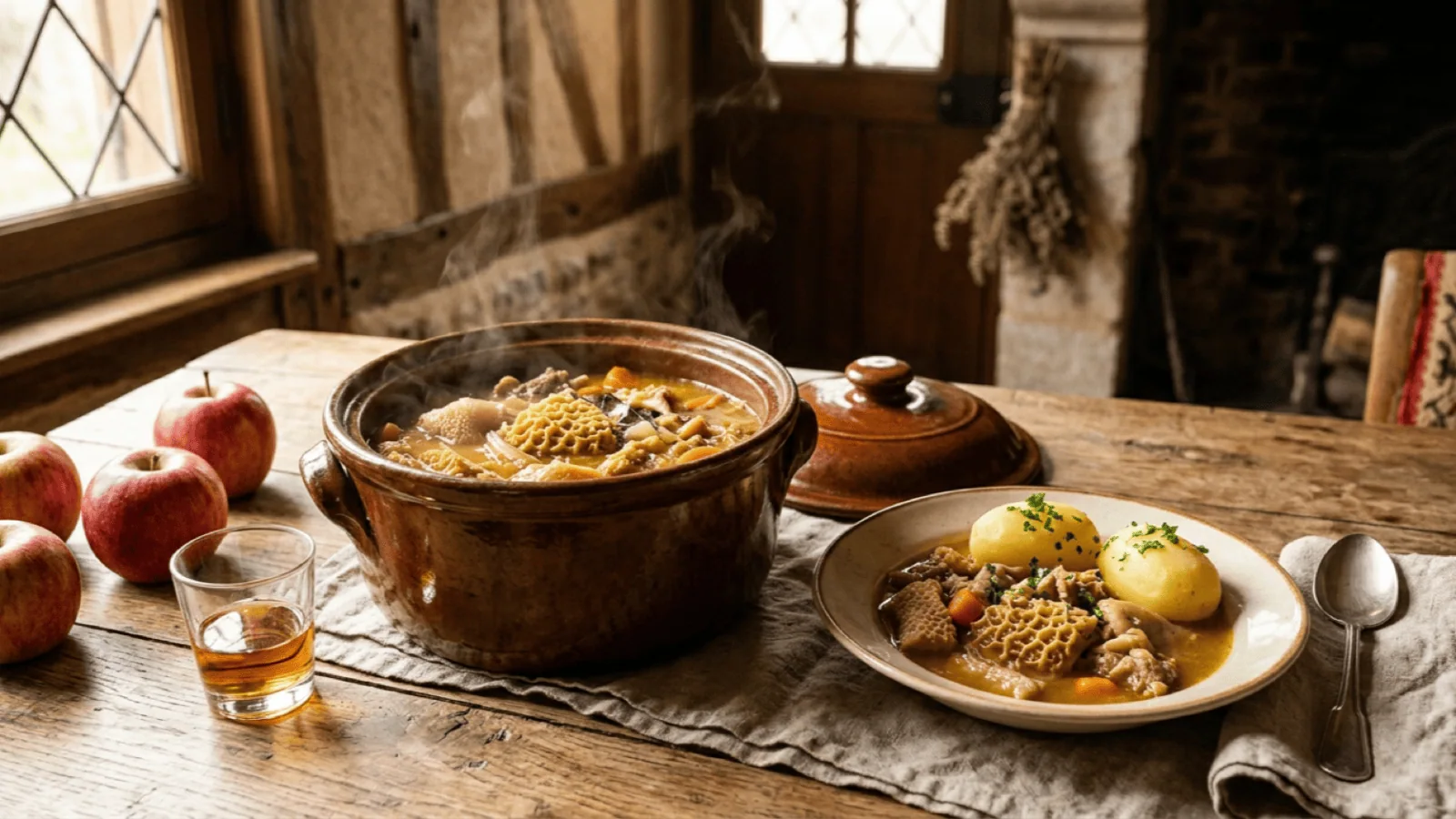 Tripes à la mode de Caen fumantes dans une tripière en terre, assiette de tripes aux pommes vapeur, calvados et pommes sur une table normande