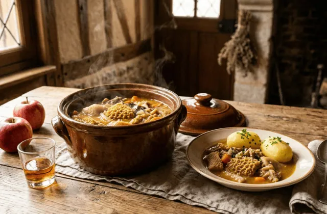 Tripes à la mode de Caen fumantes dans une tripière en terre, assiette de tripes aux pommes vapeur, calvados et pommes sur une table normande