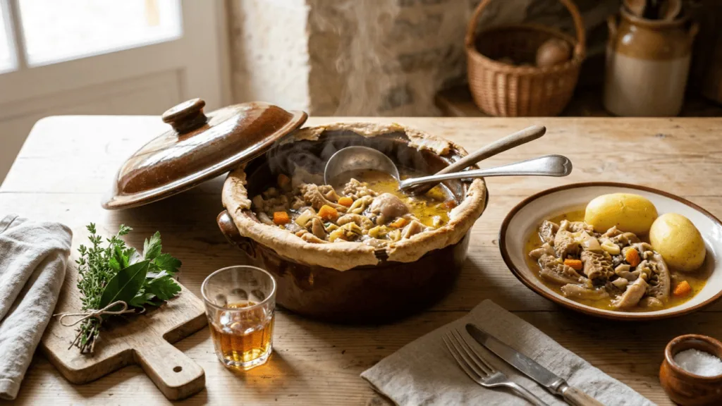 Tripes à la mode de Caen maison au cidre et au calvados dans leur tripière lutée, servies avec des pommes vapeur