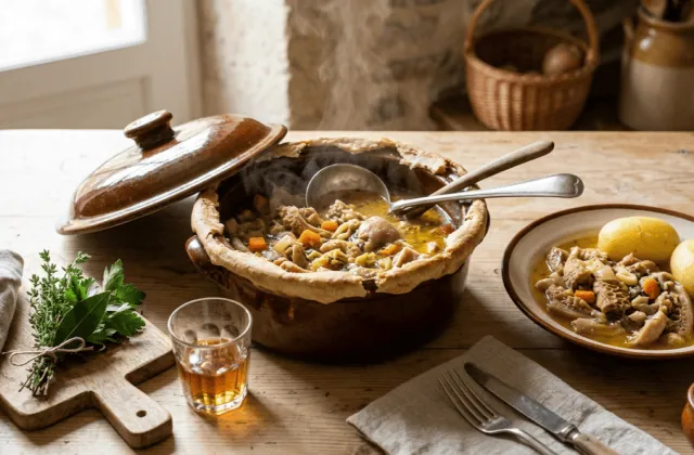 Tripes à la mode de Caen maison au cidre et au calvados dans leur tripière lutée, servies avec des pommes vapeur