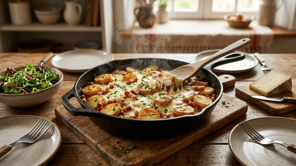 Truffade du Cantal maison dans une poêle en fonte avec spatule, couverts dressés pour quatre, salade et tomme