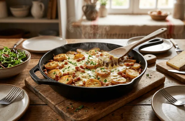Truffade du Cantal maison dans une poêle en fonte avec spatule, couverts dressés pour quatre, salade et tomme