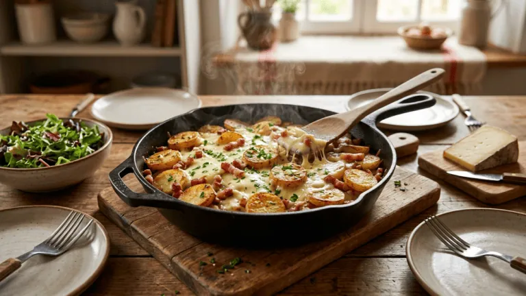 Truffade du Cantal maison dans une poêle en fonte avec spatule, couverts dressés pour quatre, salade et tomme