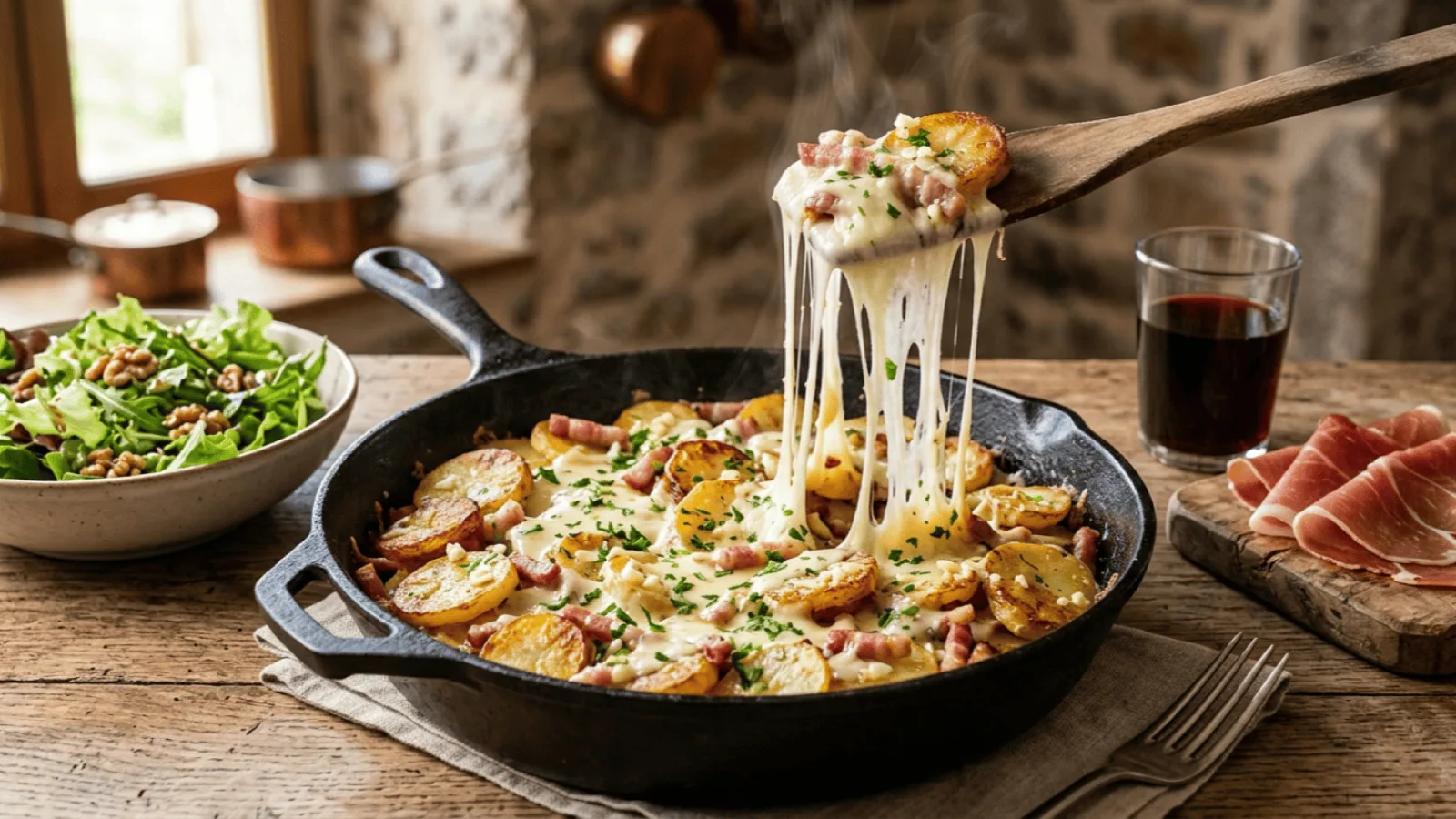 Truffade dans une poêle en fonte : pommes de terre rissolées, lardons et tomme fraîche filante soulevée à la spatule, avec salade et jambon d’Auvergne