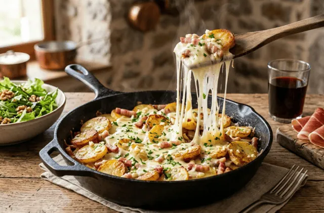 Truffade dans une poêle en fonte : pommes de terre rissolées, lardons et tomme fraîche filante soulevée à la spatule, avec salade et jambon d’Auvergne