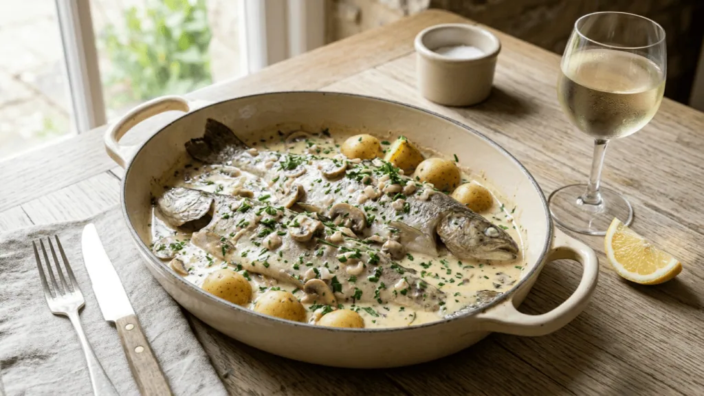 Truite au riesling à la luxembourgeoise dans un plat ovale, sauce crémée aux champignons et ciboulette, pommes de terre et verre de riesling