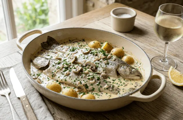 Truite au riesling à la luxembourgeoise dans un plat ovale, sauce crémée aux champignons et ciboulette, pommes de terre et verre de riesling