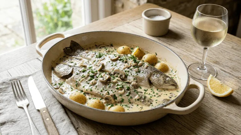 Truite au riesling à la luxembourgeoise dans un plat ovale, sauce crémée aux champignons et ciboulette, pommes de terre et verre de riesling
