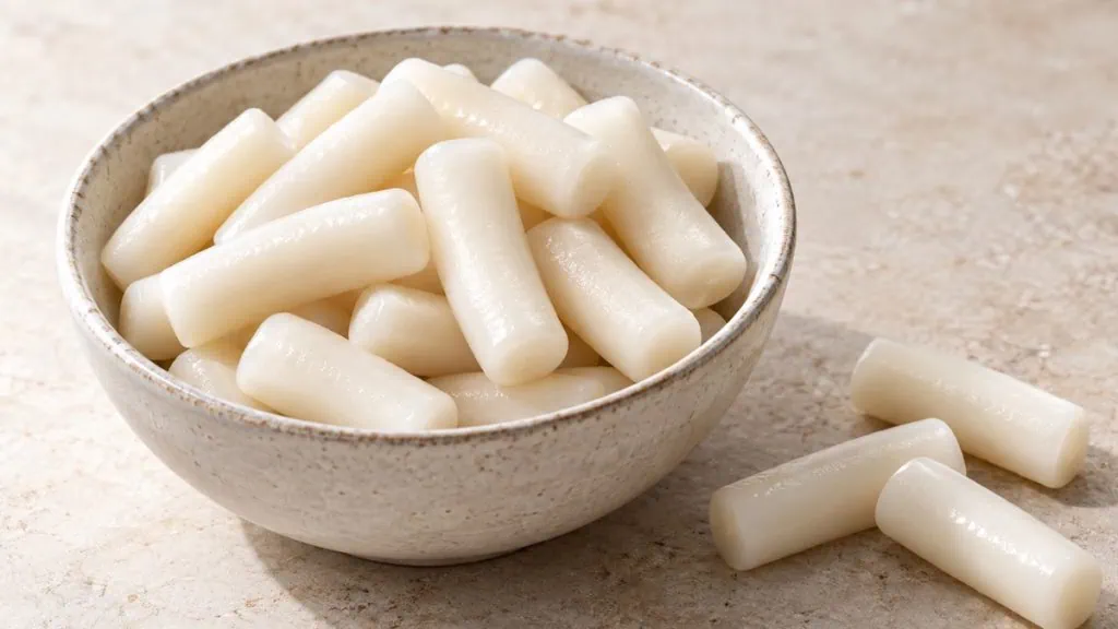 Tteok blancs cylindriques dans un bol en céramique