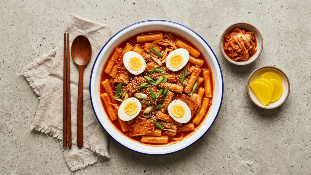 Tteokbokki épicé maison avec gâteaux de poisson, œufs durs, cébette et sésame, servi avec kimchi et radis jaune