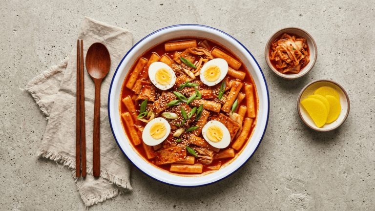 Tteokbokki épicé maison avec gâteaux de poisson, œufs durs, cébette et sésame, servi avec kimchi et radis jaune