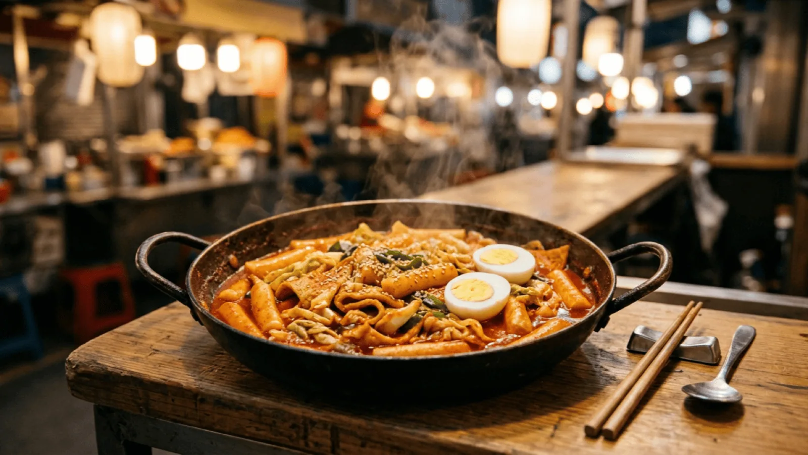 Tteokbokki dans une poêle : bâtonnets de riz à la sauce rouge au gochujang, gâteaux de poisson, œufs durs et cébette sur un comptoir de rue à Séoul