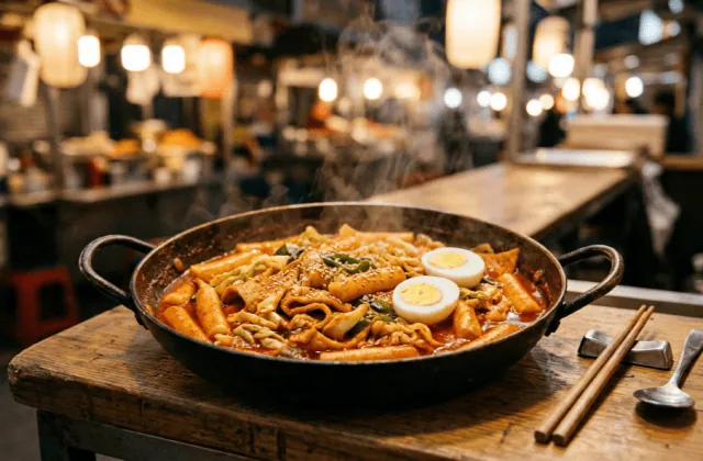 Tteokbokki dans une poêle : bâtonnets de riz à la sauce rouge au gochujang, gâteaux de poisson, œufs durs et cébette sur un comptoir de rue à Séoul