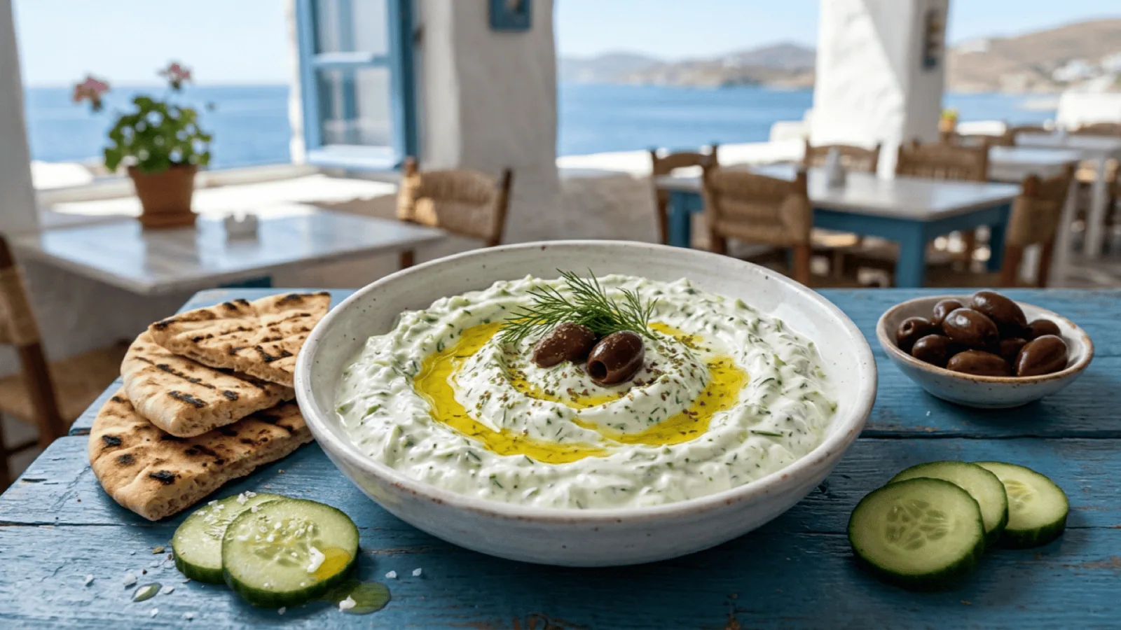 Tzatziki grec dans une taverne : yaourt épais au concombre et à l’aneth, filet d’huile d’olive, olives kalamata, pita grillée
