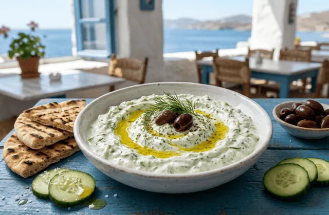 Tzatziki grec dans une taverne : yaourt épais au concombre et à l’aneth, filet d’huile d’olive, olives kalamata, pita grillée