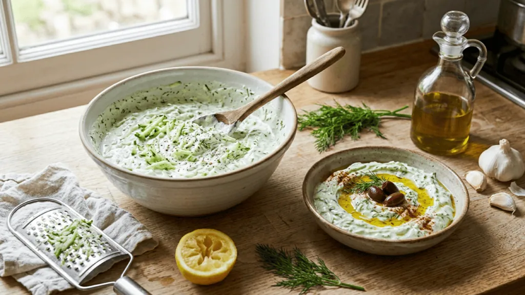 Tzatziki maison tout juste préparé dans le saladier et dressé en bol avec huile d’olive et olives