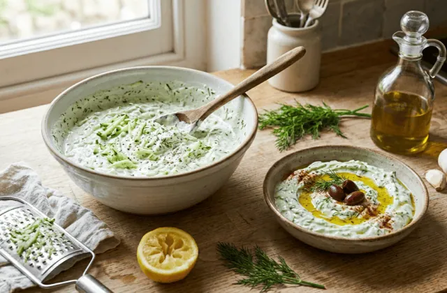 Tzatziki maison tout juste préparé dans le saladier et dressé en bol avec huile d’olive et olives