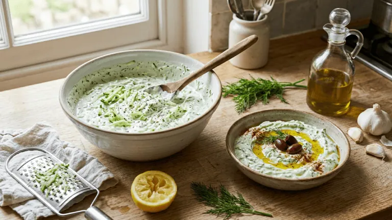 Tzatziki maison tout juste préparé dans le saladier et dressé en bol avec huile d’olive et olives