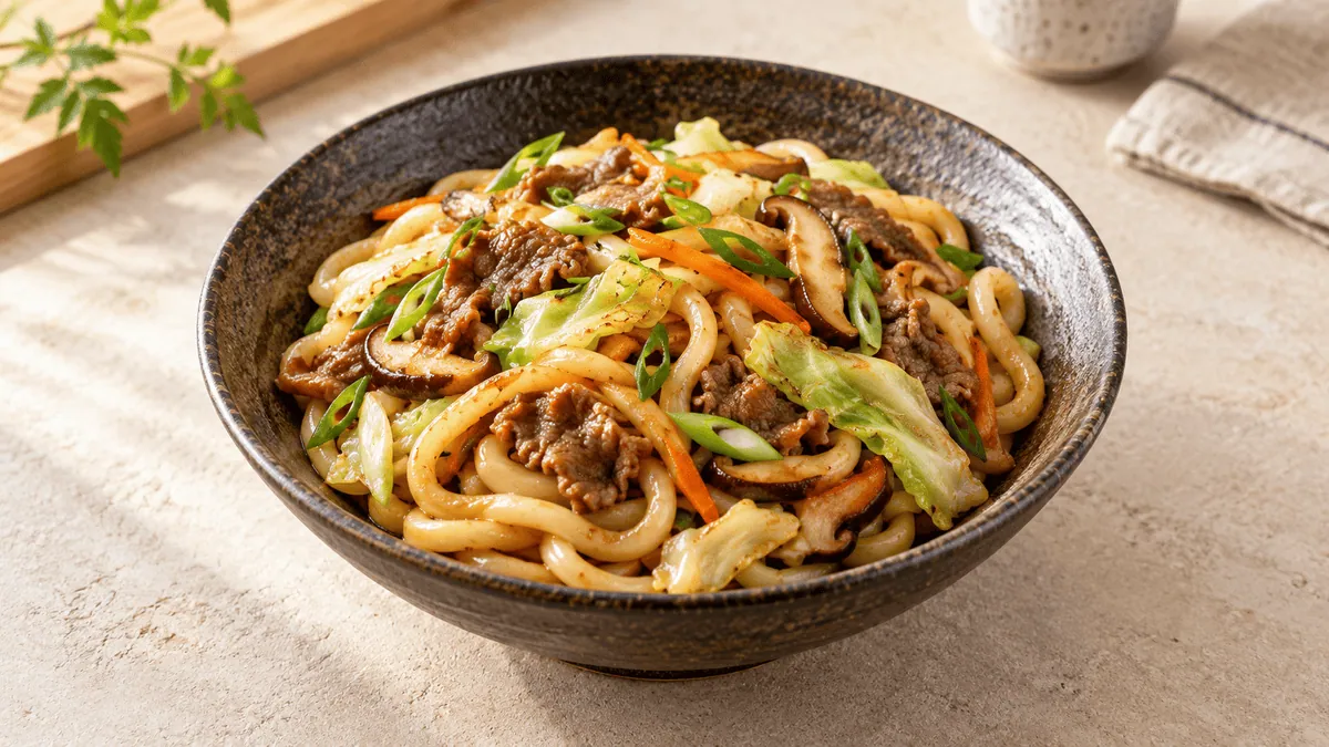 Udon sautés au bœuf, chou, carotte, champignons et ciboule