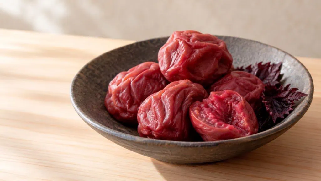 Umeboshi rouges et ridées dans une coupelle japonaise
