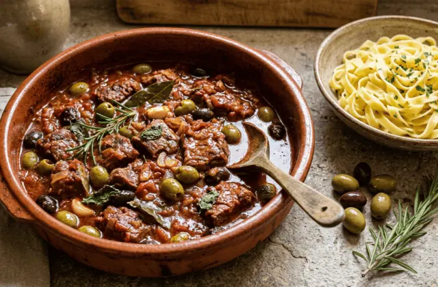 Veau aux olives à la corse mijoté en cassole, sauce tomate au vin blanc, olives vertes et noires, tagliatelles