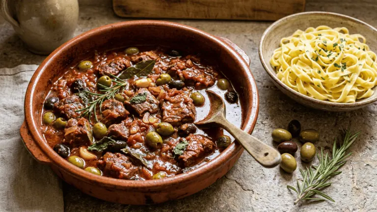 Veau aux olives à la corse mijoté en cassole, sauce tomate au vin blanc, olives vertes et noires, tagliatelles