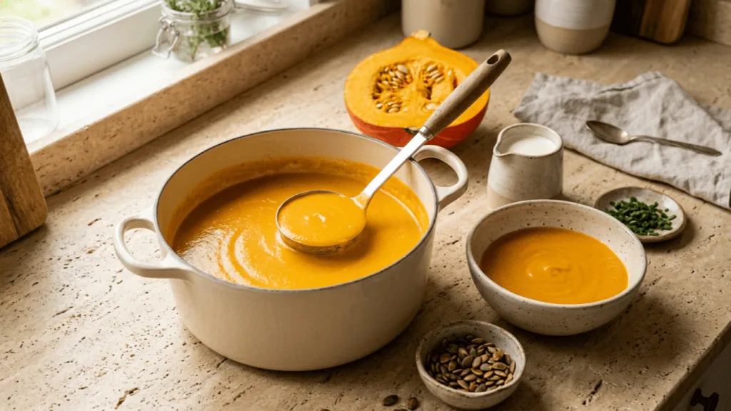 Velouté de potimarron maison dans une cocotte crème avec sa louche, bol servi, potimarron coupé et graines de courge