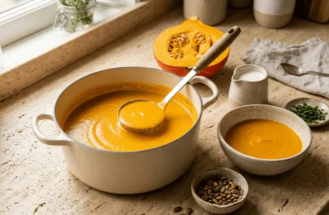 Velouté de potimarron maison dans une cocotte crème avec sa louche, bol servi, potimarron coupé et graines de courge