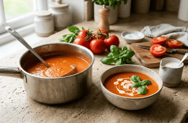 Velouté de tomate express maison dans sa casserole avec louche, bol servi avec crème et basilic, tomates en grappe