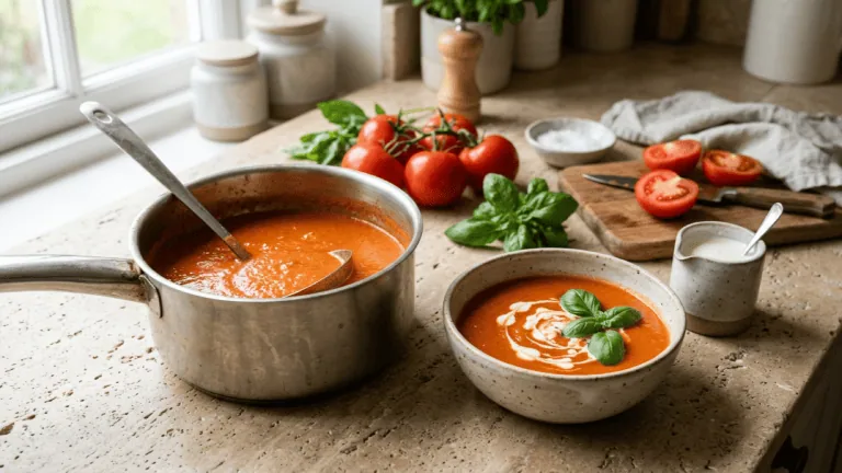 Velouté de tomate express maison dans sa casserole avec louche, bol servi avec crème et basilic, tomates en grappe