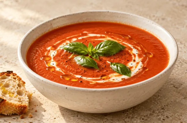Velouté de tomate au basilic avec un trait de crème et pain grillé