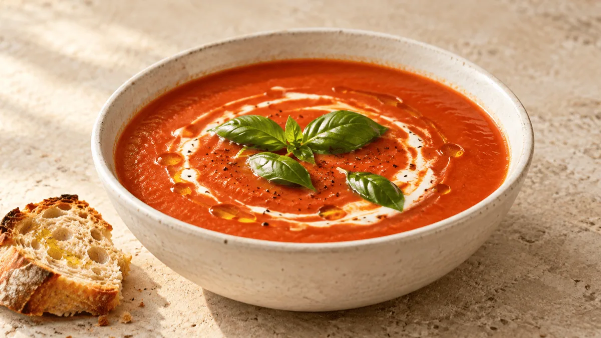 Velouté de tomate au basilic avec un trait de crème et pain grillé