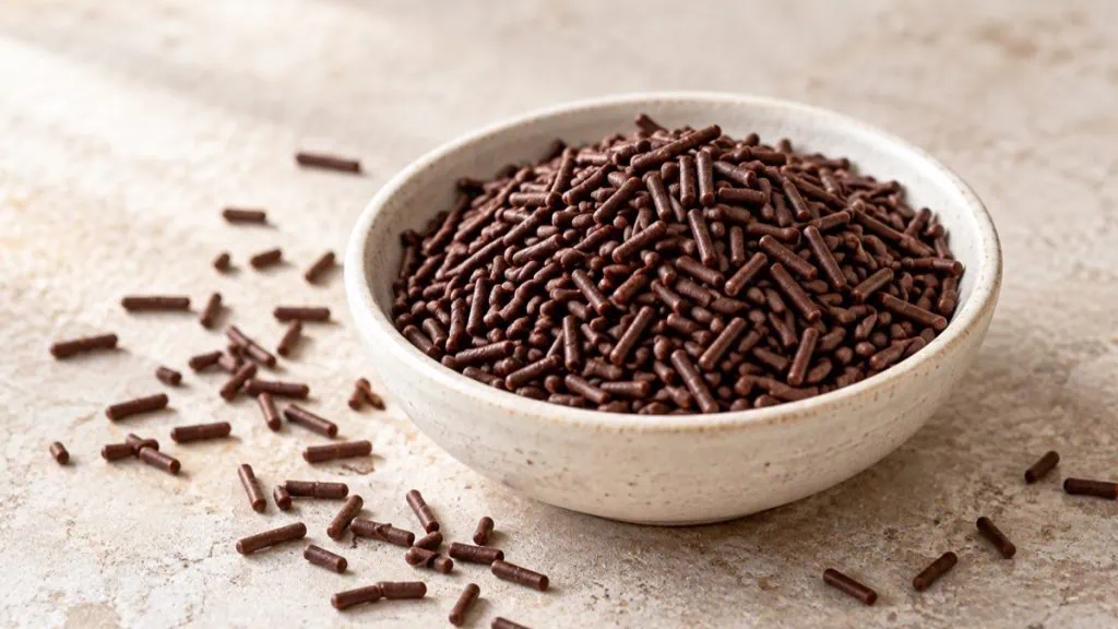 Vermicelles au chocolat noir dans une coupelle