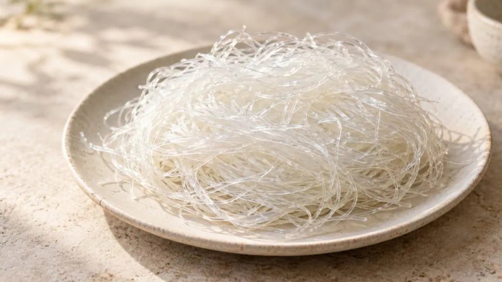 Vermicelles de soja translucides sur une assiette