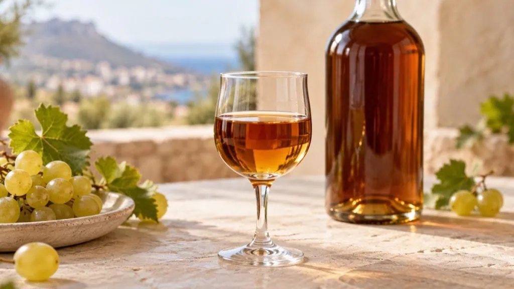 Verre de vin de Marsala ambré avec raisins blancs